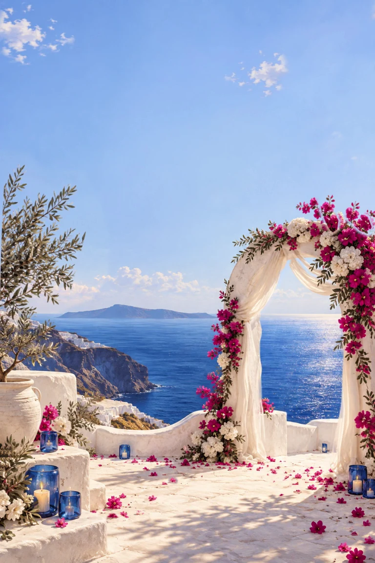 Aegean wedding terrace overlooking blue sea, with flowers and candles