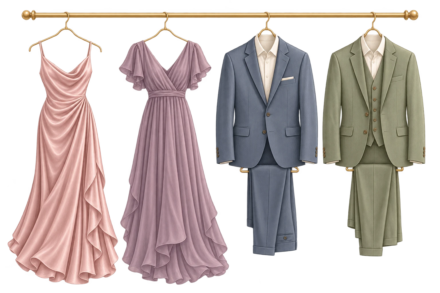 Two flowing dresses in blush and mauve, and tailored suits in slate blue and sage, on champagne-gold hangers.