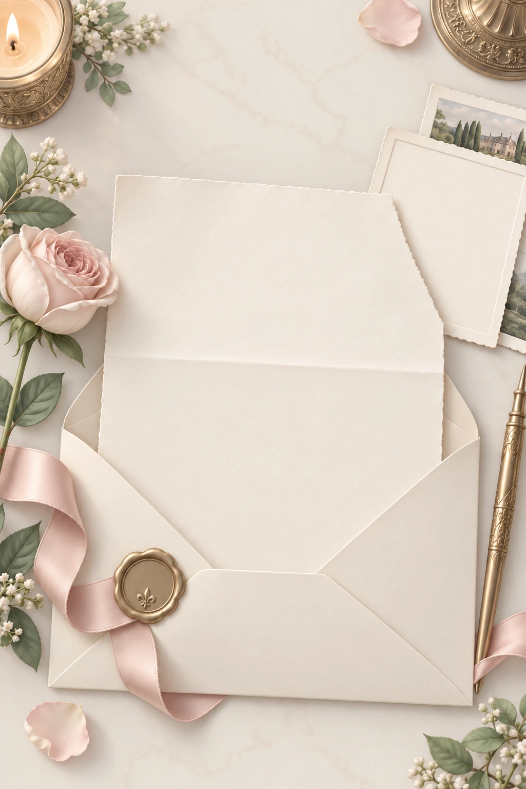 An illustrated ivory love letter in an open envelope, with blush ribbon, flowers and a gold wax seal.