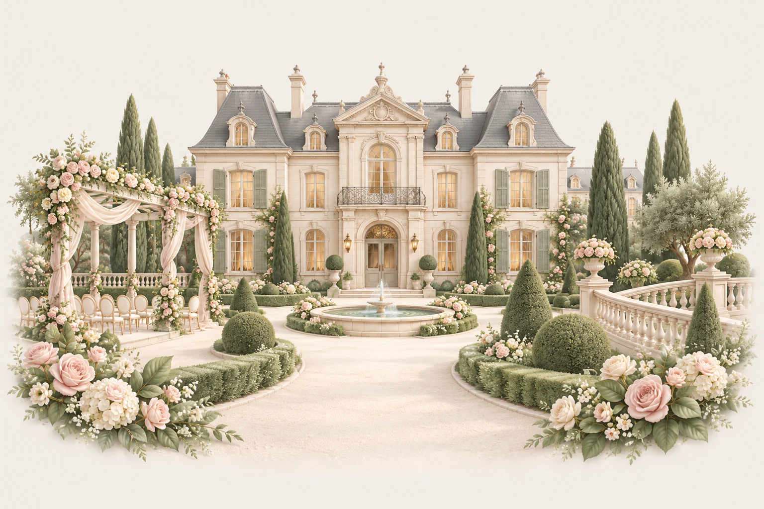 An imagined ivory château, with a rose-covered ceremony pergola, fountain and formal gardens.