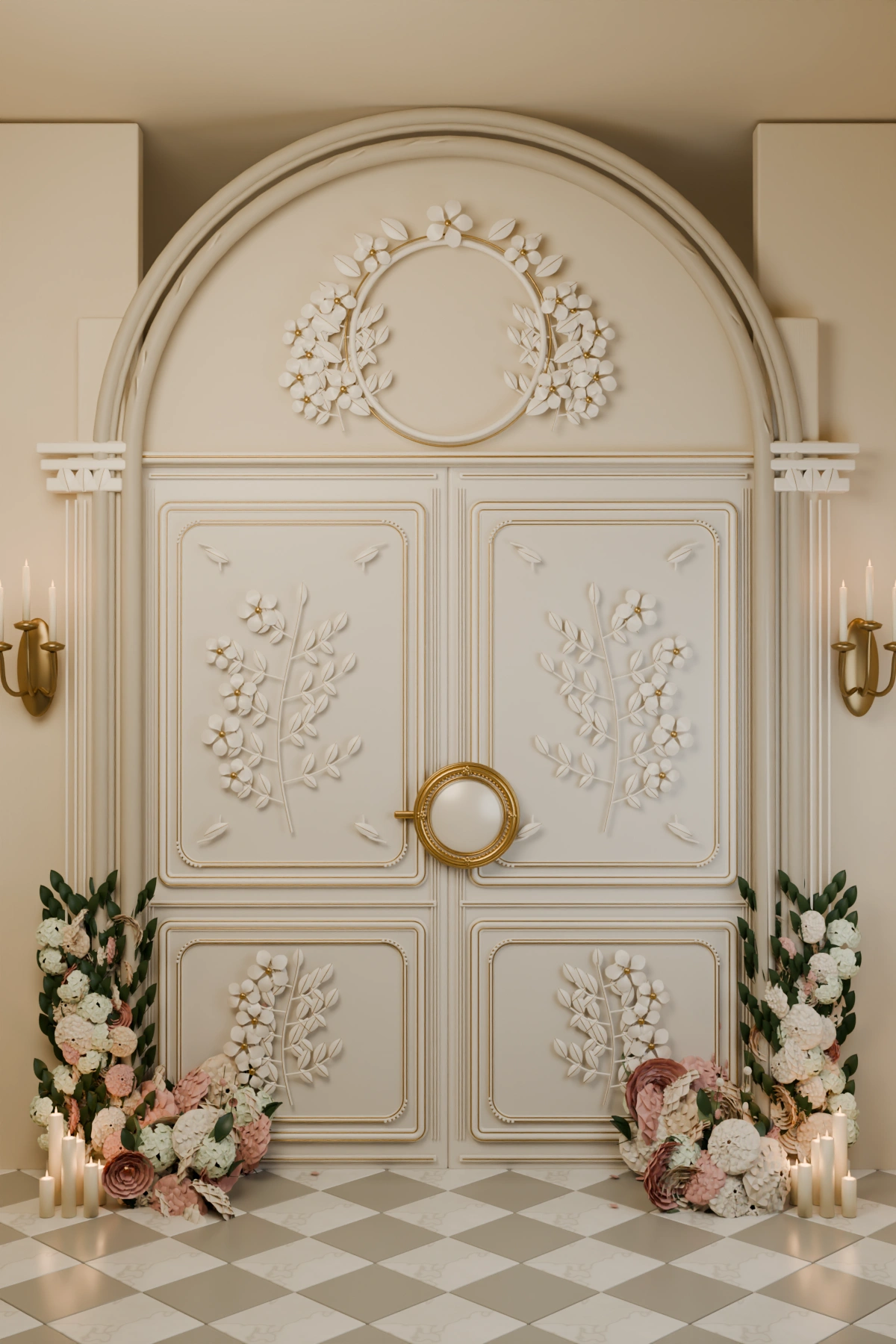 Carved château doors and circular monogram handle