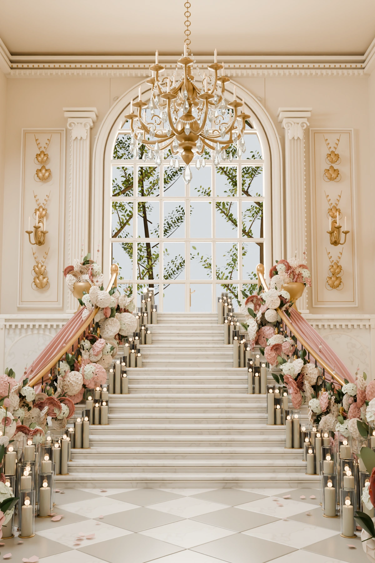 Candlelit château staircase and chandelier in the Occasi wedding invitation