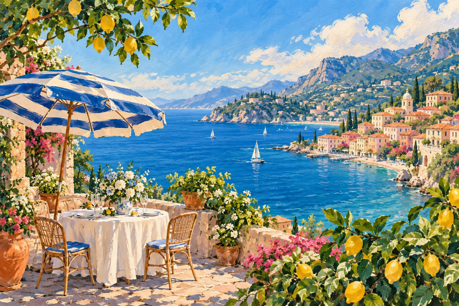 A painted Italian bay, lemon terrace and striped parasol