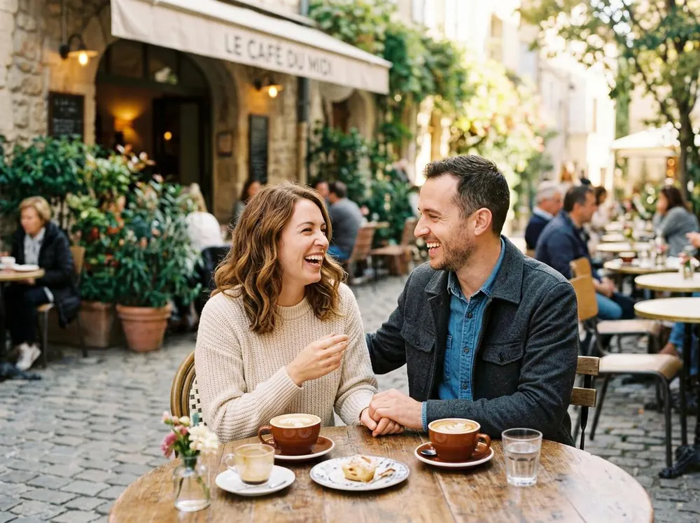 A couple sharing coffee at a café