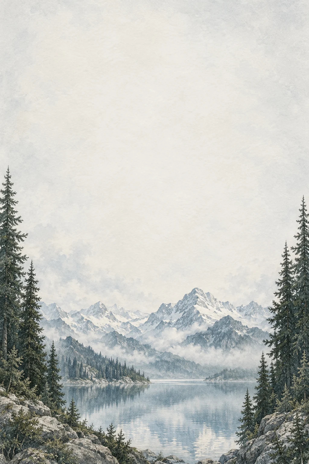 Pines and snow-tipped mountains above a still alpine lake on pale paper