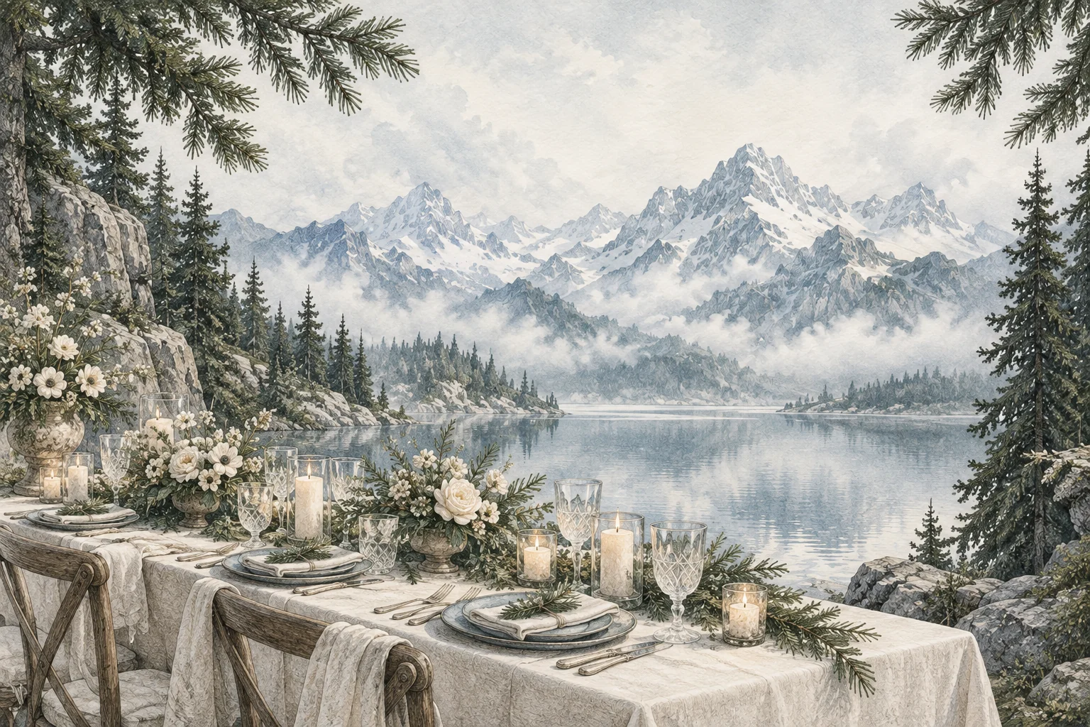 A candlelit wedding table beside a mountain lake, framed by evergreen trees