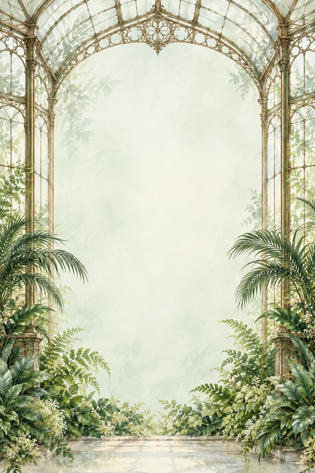 A botanical glasshouse arch with white flowers and climbing green foliage