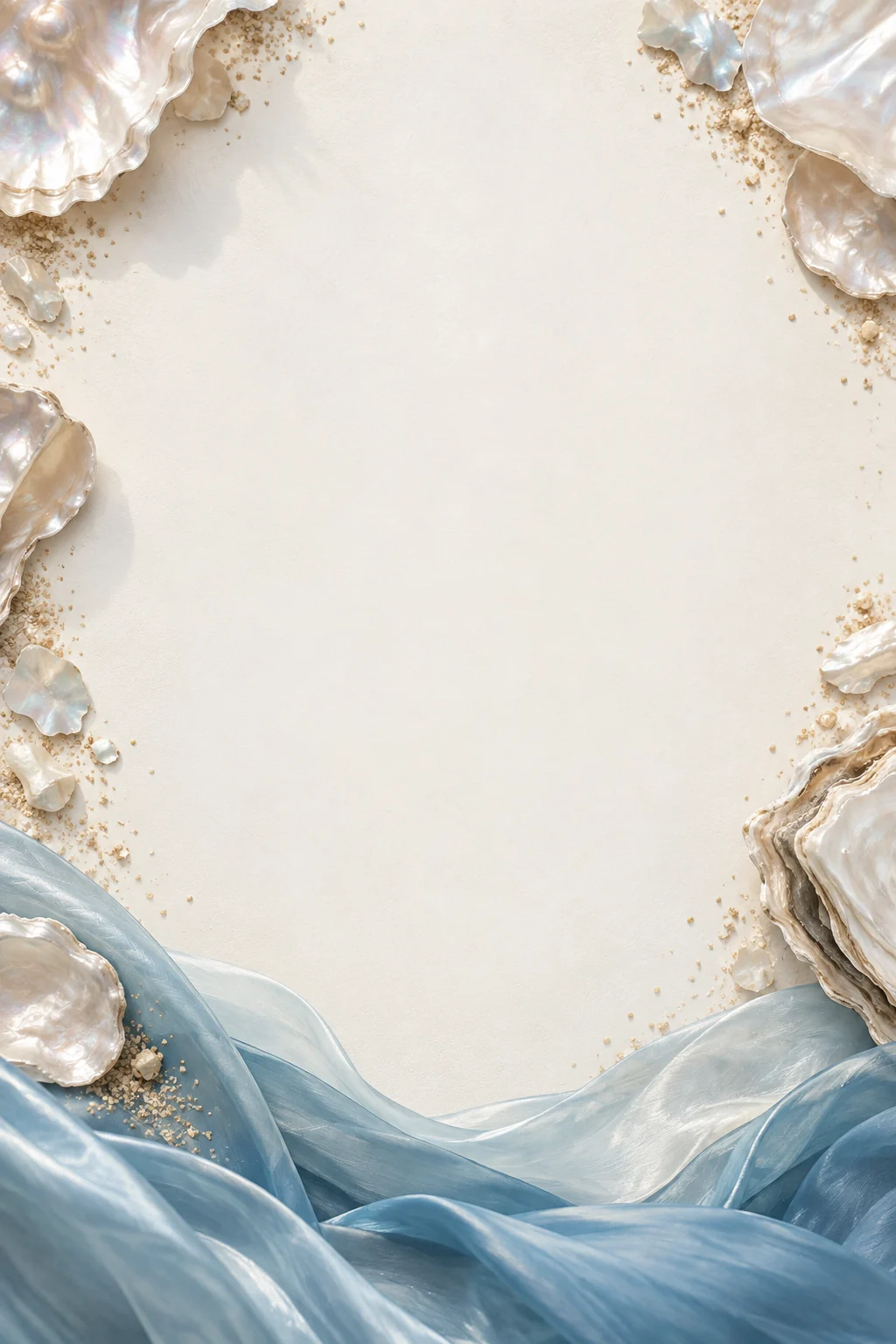 Pearl shells, blue silk and sea-glass colours framing pale invitation paper