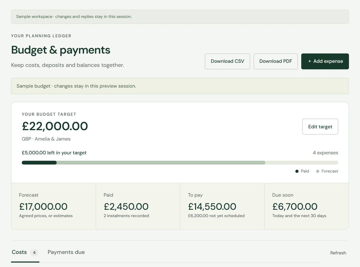 The studio budget with a £22,000 target, forecast, paid, to pay and due soon totals