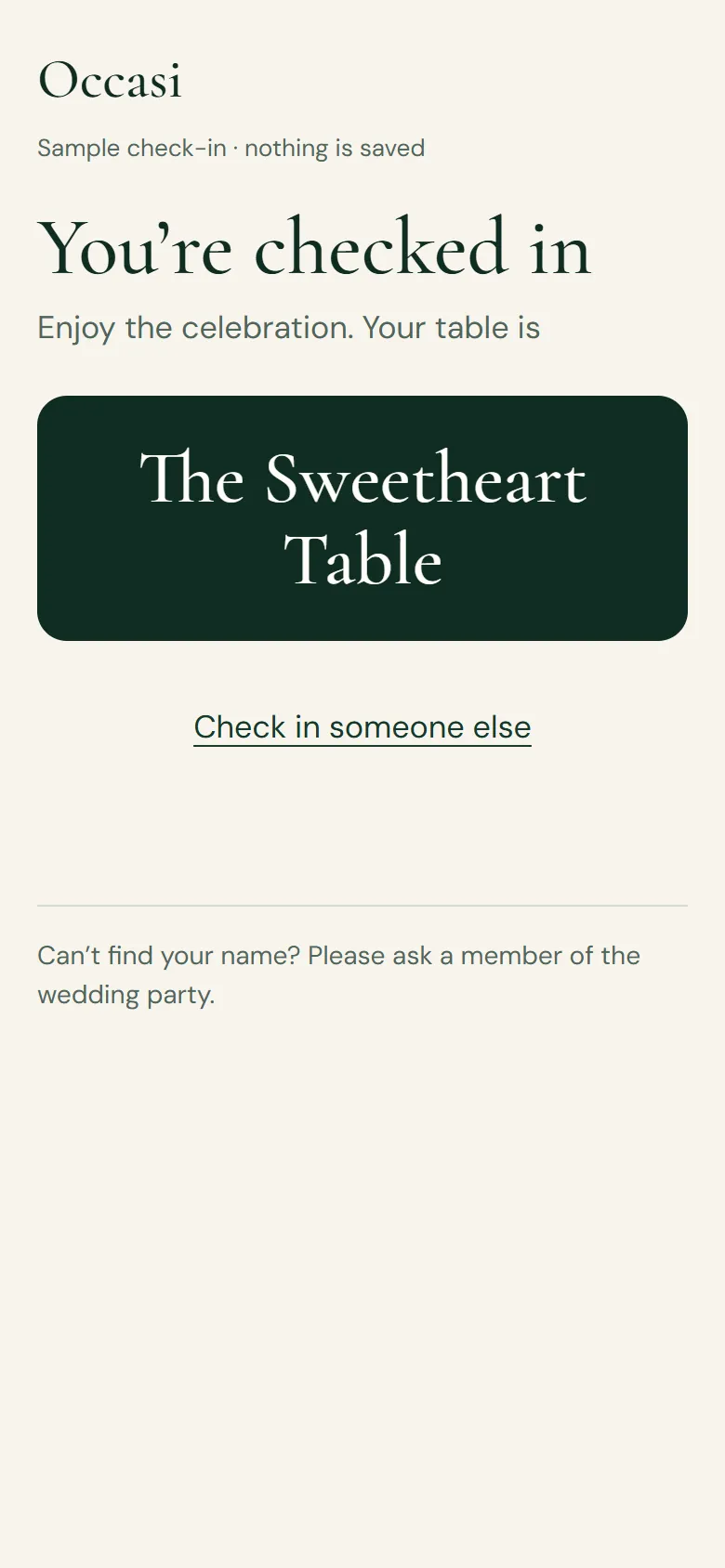 The check-in page after checking in: You're checked in, enjoy the celebration, your table is The Sweetheart Table