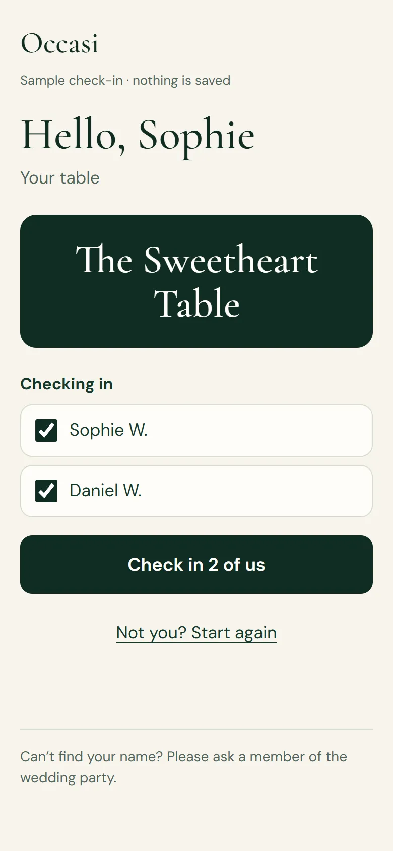 The entrance check-in page on a phone: Hello, Sophie, your table is The Sweetheart Table, with Sophie and Daniel ticked and a Check in 2 of us button