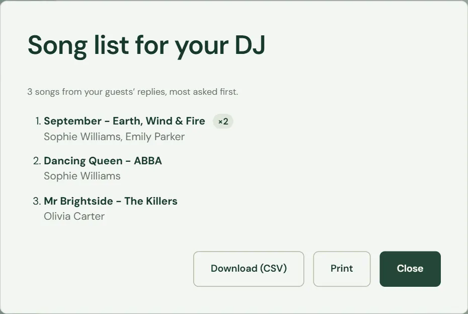The studio's Song list for your DJ: September by Earth, Wind and Fire asked for twice, then Dancing Queen and Mr Brightside, each with the guests who asked, and Download and Print buttons