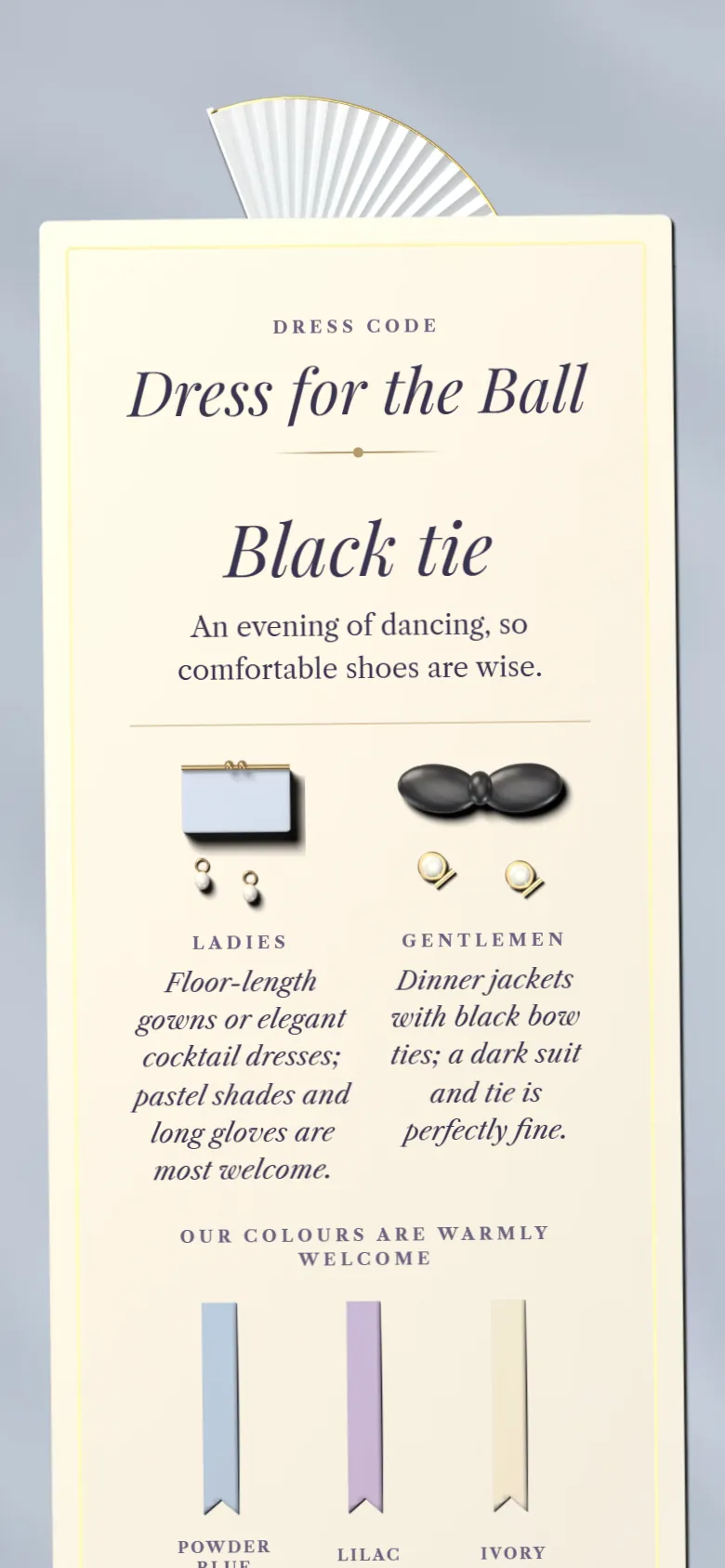 A dress code card saying Black tie, with guidance for ladies and gentlemen and three suggested colours