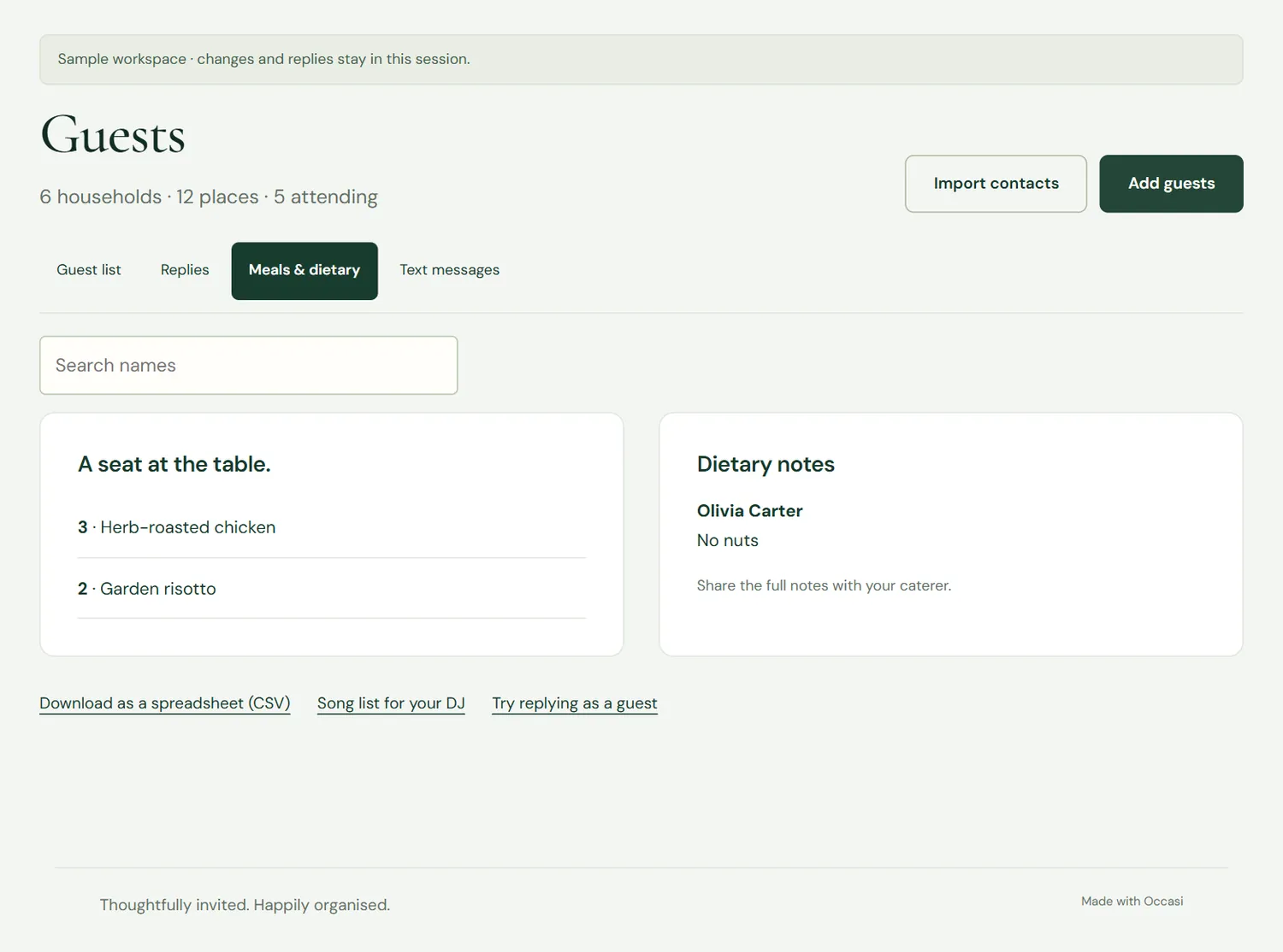 The studio's Meals and dietary page with meal counts and each guest's dietary notes