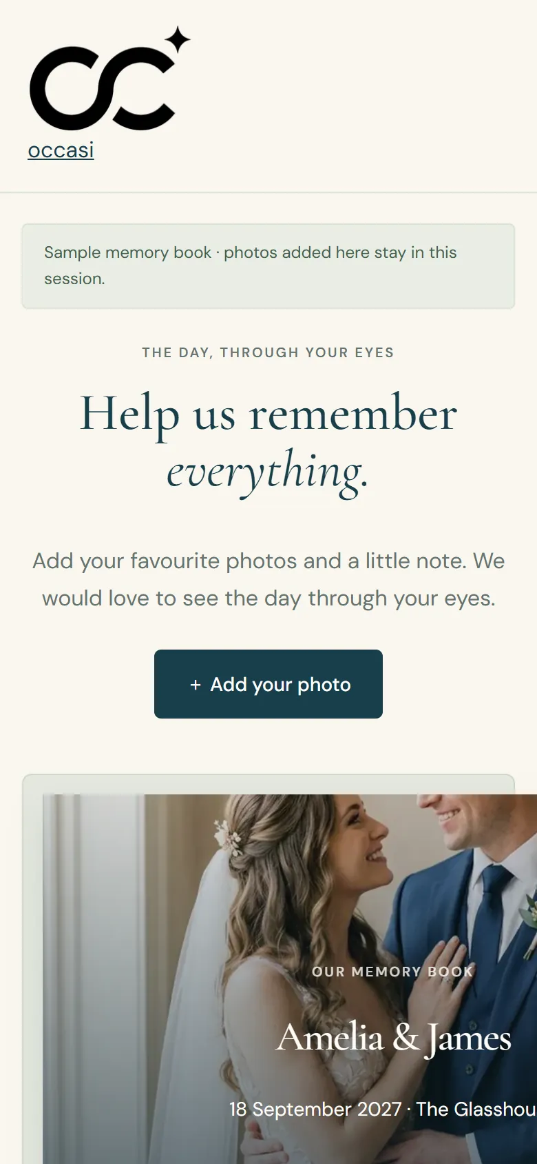 The memory book page on a phone asking guests to add their favourite photos and a little note, with an Add your photo button