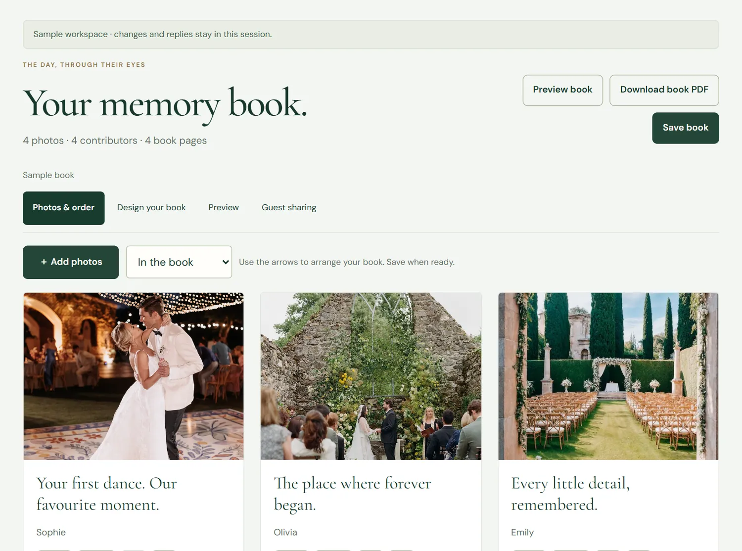 The studio memory book with guests' wedding photos, each with a caption and the guest's name, and buttons to preview the book and download a PDF