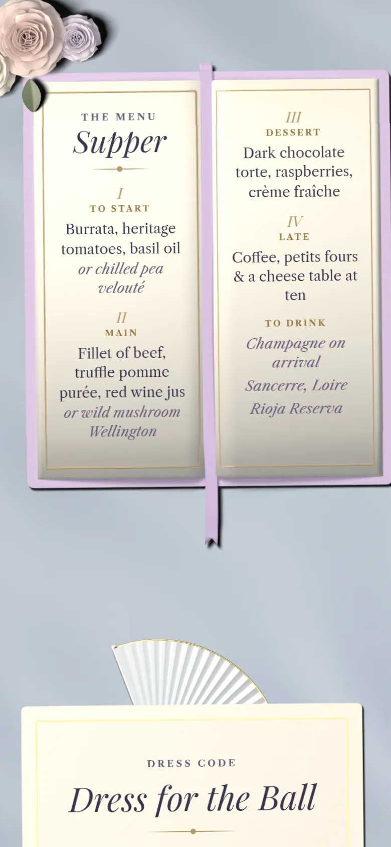A supper menu on the invitation with starters, mains, dessert and drinks