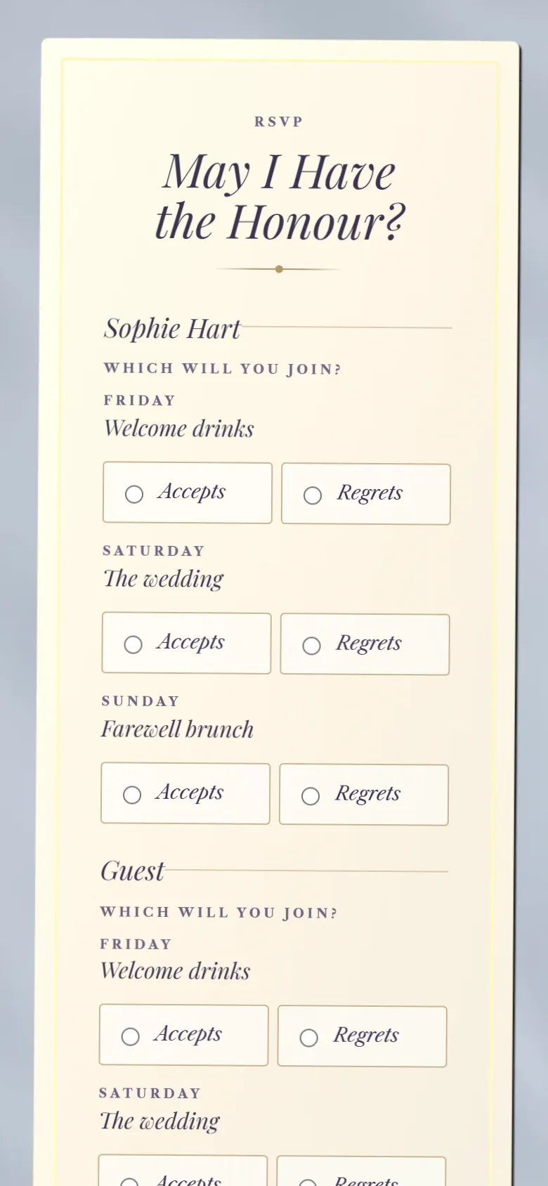 The reply form on a phone, where each guest accepts or sends regrets for Friday, Saturday and Sunday separately