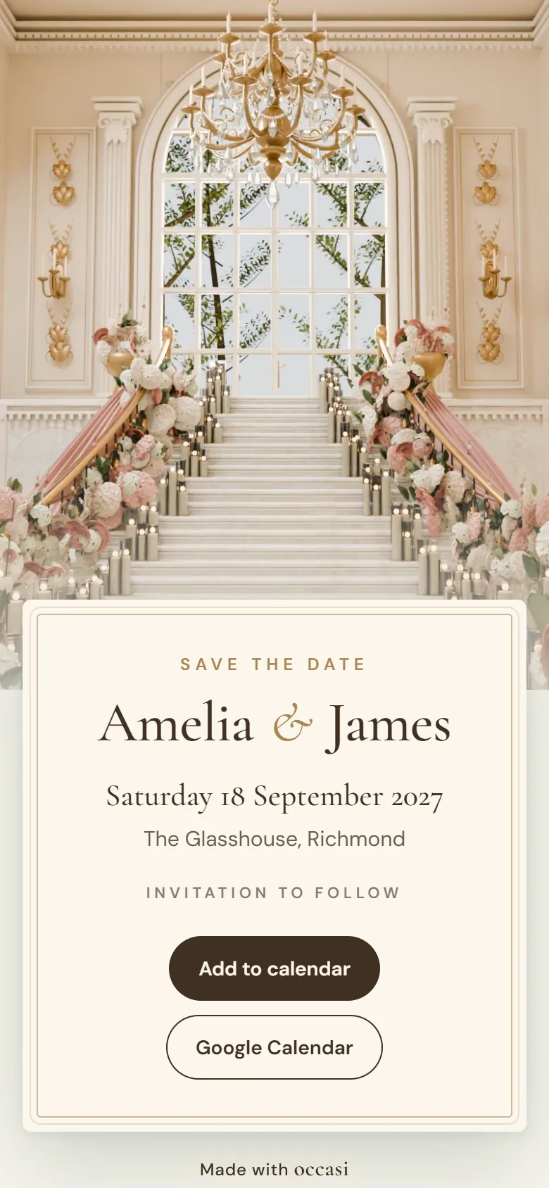 A digital save-the-date card for Amelia and James on a phone, with Add to calendar and Google Calendar buttons