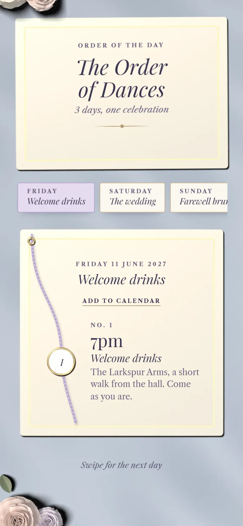 The Dance Card invitation on a phone: a three-day order of the day with welcome drinks on Friday, the wedding on Saturday and a farewell brunch on Sunday