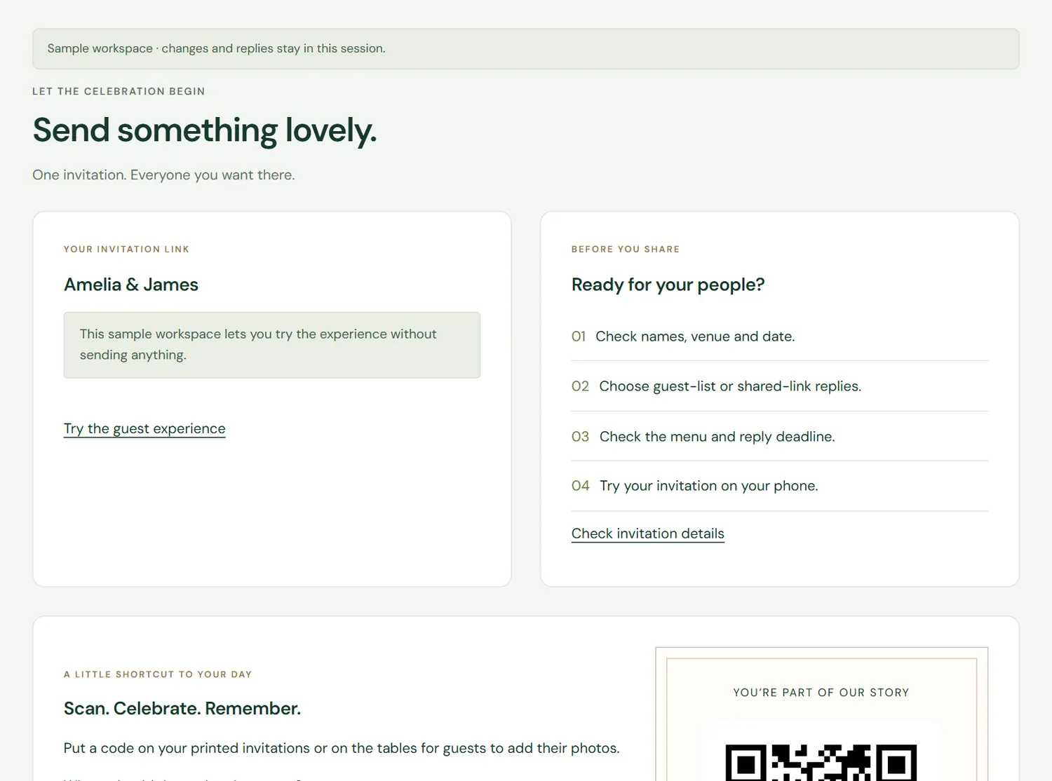 The studio's Share and QR code page with the invitation link, a checklist before sharing and a printable QR code