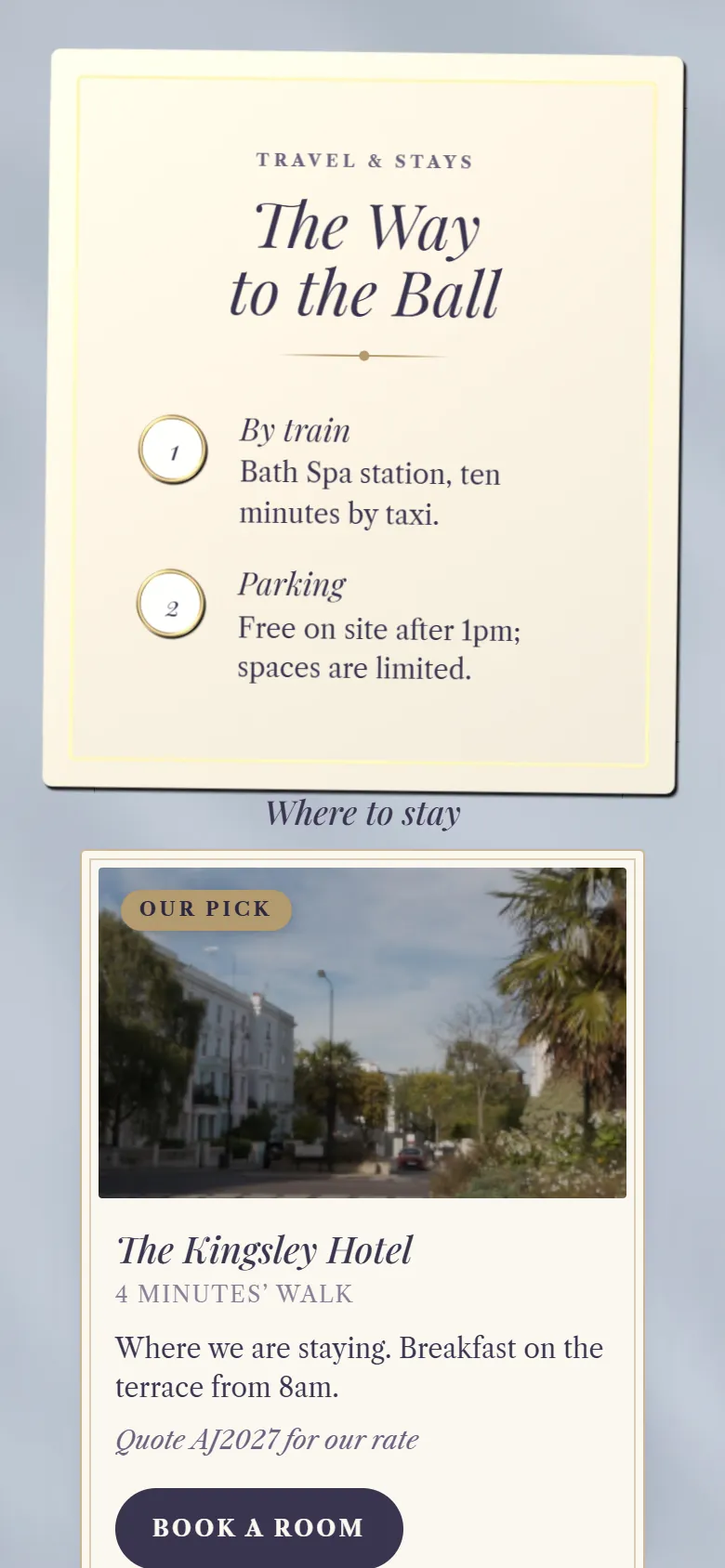 A travel section with train and parking notes and a recommended hotel with a booking button and a guest rate code