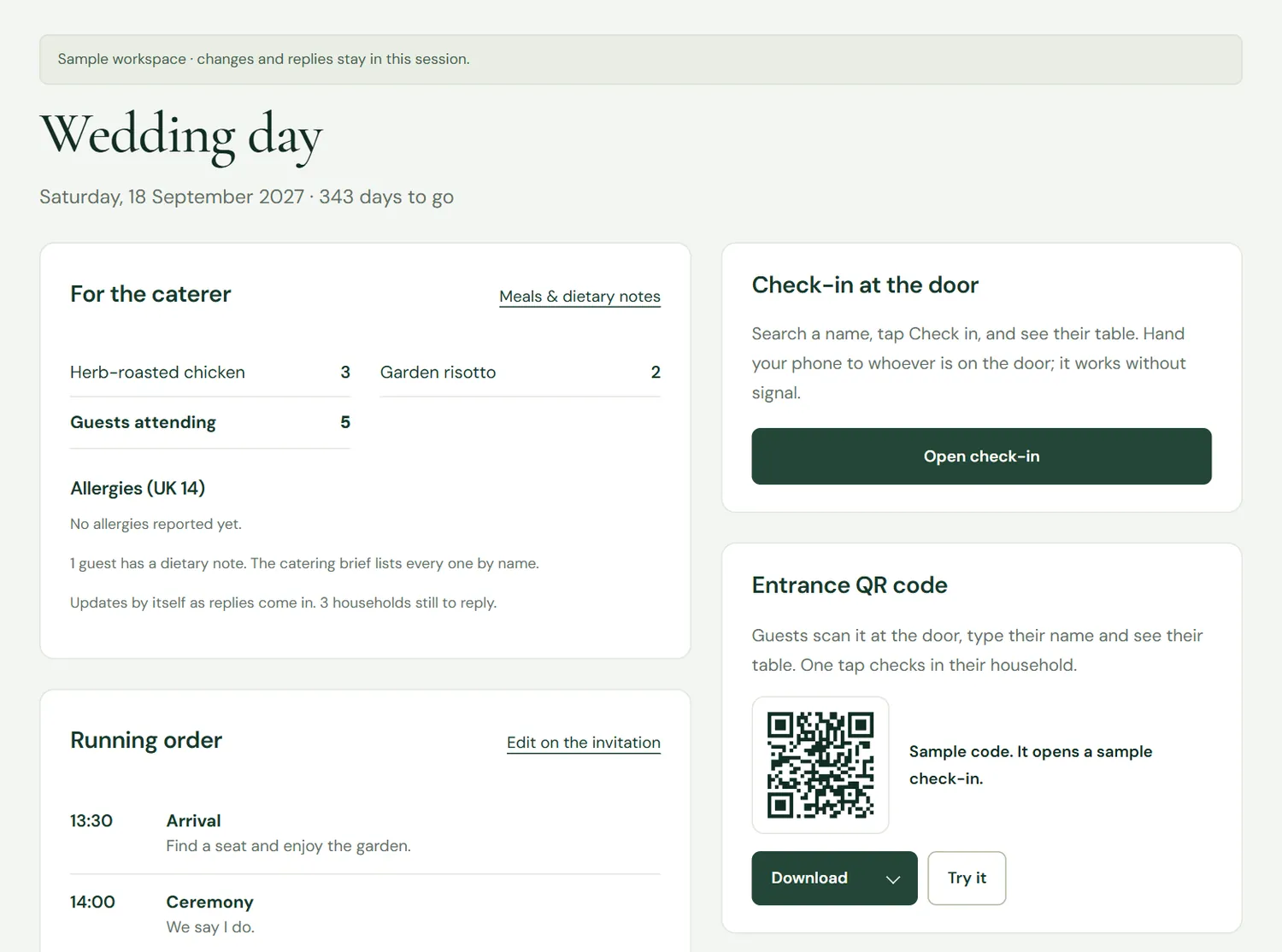 The studio's Wedding day page with meal totals for the caterer, the running order, door check-in and the entrance QR code